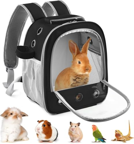 Meerschweinchen Rucksack Transportbox, Tragbare Kaninchen Reisetasche für Kleintiere – Ausgeh-Tasche mit Trinkflaschenhalter & Abnehmbarer Unterlage (Schwarz)