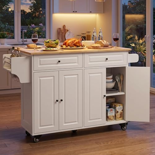 Xbro Îlot de Cuisine Mobile 145x75x90 cm sur roulettes, Chariot avec Tiroirs et Armoires, Plan de Travail en Bois, Meuble de Rangement pour Espace Restreint (Blanc)