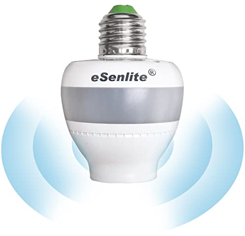 eSenlite Smart Radar Motion Sensor Light Socket Adapter – E26/E27 Screw-in Add-On, Dusk-to-Dawn, Invisible Radar Through Glass-Wall, Works with LED CFL Incandescent Bulbs （1-Pack）