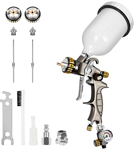BEETRO HVLP-luchtspuitpistool, 600 ml inhoud 14,5 CFM 30-43 psi 1,4 mm/1,8 mm mondstukken roestvrij Staal met Type 2 Adapter luchtregelventiel en Filter Professioneel zwaartekrachtspuitpistool