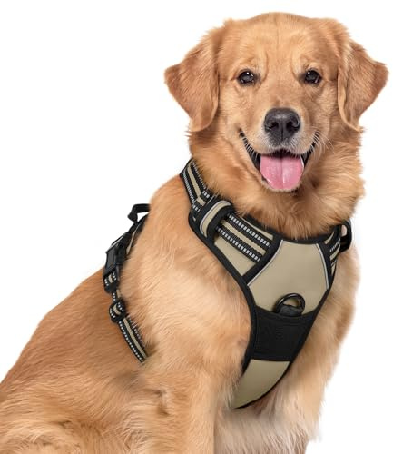 rabbitgoo Harnais Chien XL Arnais Beige Anti Traction Réfléchissant Gilet Réglable pour Chien, Attache Devant Crochet de Laisse pour Randonnée Trajet Voiture, Bouledogue Français, Berger Australien