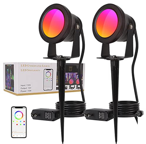 RUICAIKUN Smart Outdoor Lights,15w Backyard Lights with US Plug,12V APP Control Colored Spotlights with Waterproof,Dimmable Garden Lights with Timer,Outdoo Lights for Yard with Music Sync（NO Remote）