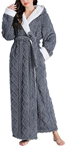 Flygo Plush Fleece Robe for Women Soft Warm Full Length Long Hooded Bathrobe with Hood Luxury Warm Housecoats(Grey-XL)