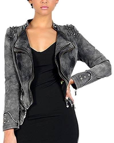DISSA Damen Grau Nieten Jeansjacker Bikerjacke mit Reißverschluss,PA01,L