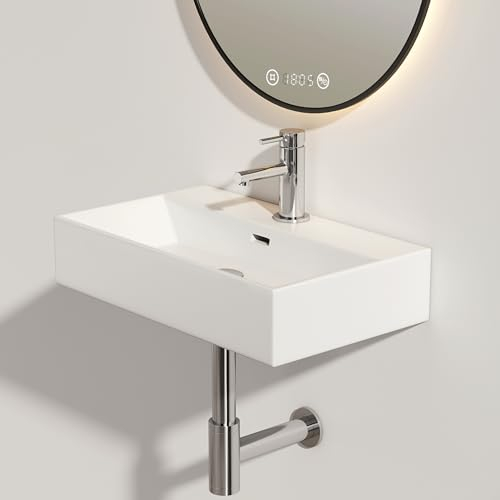 EMKE Waschbecken Aufsatzwaschbecken, Hängewaschbecken für Badezimmer Gäste WC 60 x 36 x 13 cm, Handwaschbecken Eckig Waschtisch Klein Waschbecken Bad Wandwaschbecken Waschschale Weiß