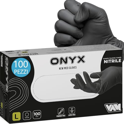 GM 100 Guanti Nitrile Neri L senza polvere, senza lattice, ipoallergenici, Guanti Monouso Nitrile per Estetisti, Tatuatori, Manipolazione degli Alimenti guanti monouso