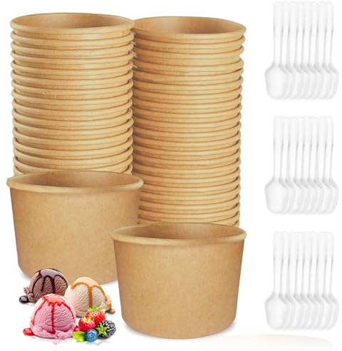 PRITOK Suppenbecher to Go: 240ml Bio Pappbecher, 50 Stück Kraft-Karton Becher, Dessertbechers Papier Eisbecher Becher mit Löffel, Verdickter Reiner Kraftkarton, Anti-Weichmachend, Abbaubar