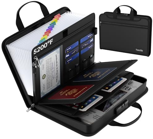 Tamfile Fireproof Document Organiser with Lock, 13 Pockets Expanding File Folder A4 with Zipper and Handles, Portable Waterproof Document Folder Organiser for Office Home School, Black
