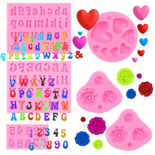 QEEYON 6 Pcs Silicone Letters Numbers Mold, Chocolate Fondant Candle Mould, 3D Silicone Mould Heart Flower Alphabet Number Biscuit Gummy Making Tray DIY Baking Mold for Cake Dessert Decoration