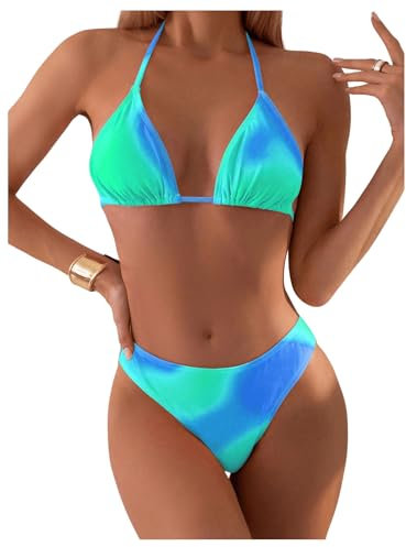 GORGLITTER Damen Bikini Set Sommer Batik Badeanzug Triangel Bikini-Set Neckholder Badeanzug Urlaub Strand Bademode Minzgrün M