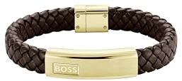 BOSS Jewelry Pulsera para Hombre Colección LANDER con Cuero Marrón y Cierre de Acero Inoxidable Dorado - 1580746M