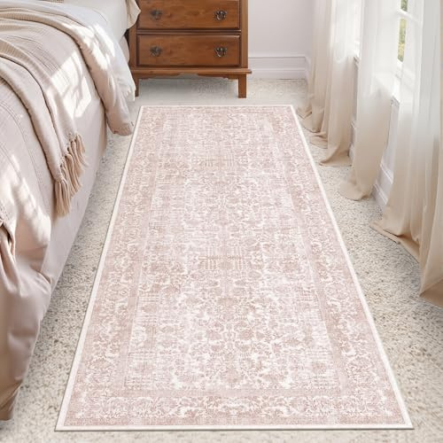 HUGEAR Vintage Passatoia Tappeto Corridoio Rosa Tappeti 60x180cm Cucina Antiscivolo Lavabile in Lavatrice Tapette Camera da Letto Scendiletto Cameretta Ufficio Pelo Corto Lungo Carpet