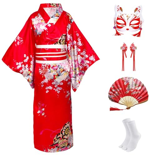 CRFASIBE 5 Pièces Kimono Japonais Fille, Déguisements Yukata pour Carnevale | Ensemble Costume Geisha Enfant, 130/140/150 cm, avec Masque et Accessoires, Coffret Cadeau, idéal pour Fête et Cosplay