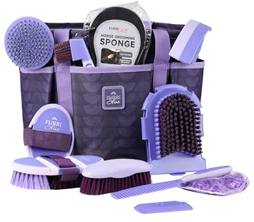 Furrishine 11-Piece Professional Horse Grooming Kit with Waterproof Tote Bag, Non-Slip Silicone Grip Brush Set, Curry Comb, Hoof Pick & Mane Comb Sugar Taro