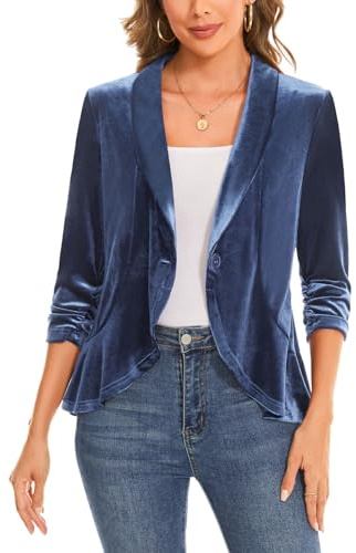 MINTLIMIT Women's Shawl Collar Velvet Blazer Ruffle Hem with One-Button Closure 3/4 Sleeve Cardigan (Blue XXL)