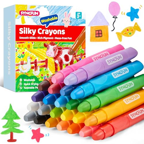 SYNCFUN 24 crayones sedosos giratorios, crayones lavables para papel, suministros de arte fáciles de sostener y de secado rápido, no tóxicos, sin desorden, regalos de cumpleaños, San Valentín, Pascua
