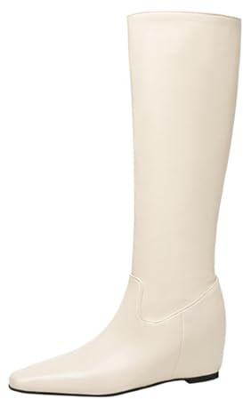 Stivali da equitazione da donna, minimalisti, alla moda, con punta quadrata, altezza al ginocchio, tacco a cuneo nascosto, ampia polpaccio, scarpe casual, Beige, 36 EU