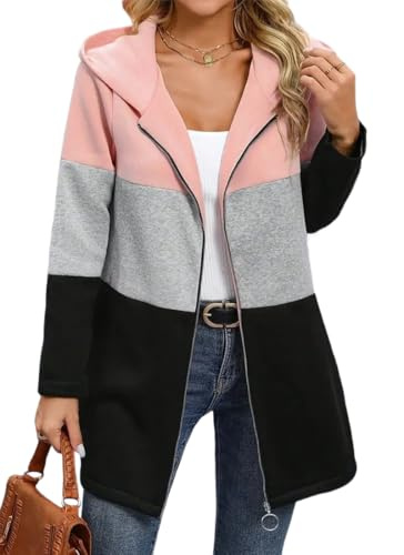 YINGKE Donne Zip Up Autunno Outfits Aperto Frontale Manica Lunga Cardigan con Cappuccio Color Block Outwear Felpa Cappotti(2XL,Rosa)