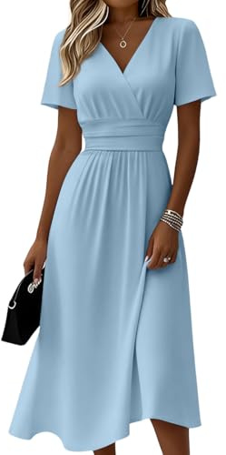 Summer Dresses for Women UK V Neck Flowy Short Sleeve Wrap Dress Midi Boho Casual Dresses Solid Color Vacation Sunshine Dress