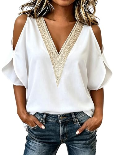 Tee Shirt en Dentelle Femme Manches Courtes Épaules Dénudées Chemise Femmes Chic et Élégant Décontracté Hauts Femme Grande Taille T-Shirts Ample Mode Couleur Unie Tops Mode et Polyvalent