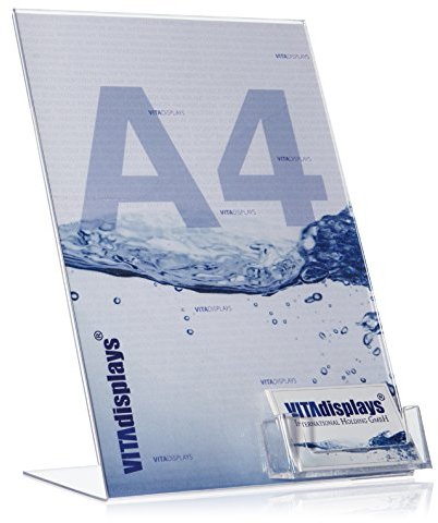 DIN A4 Werbeaufsteller/L-Ständer/L-Aufsteller mit extra Visitenkartenhalter als Tischaufsteller aus original PLEXIGLAS