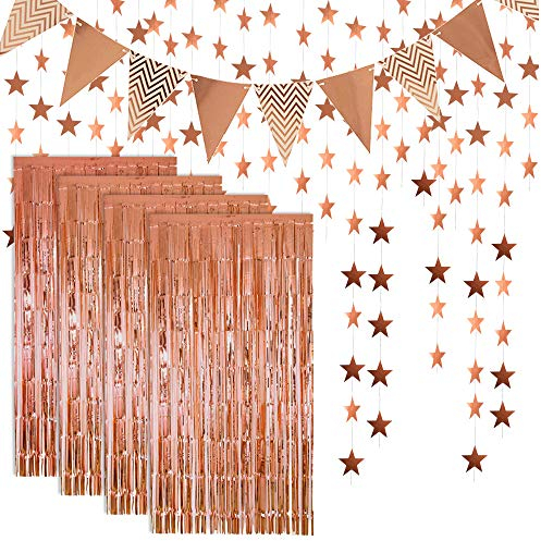 KAARI 4 STK Lametta Vorhänge Dekoration und Flagge Bunting Banner und Glitter Papier Sternform Girlande für Geburtstag Hochzeit Bachelorette Party Foto Hintergrund Tür Wanddekorationen (Rose Gold)