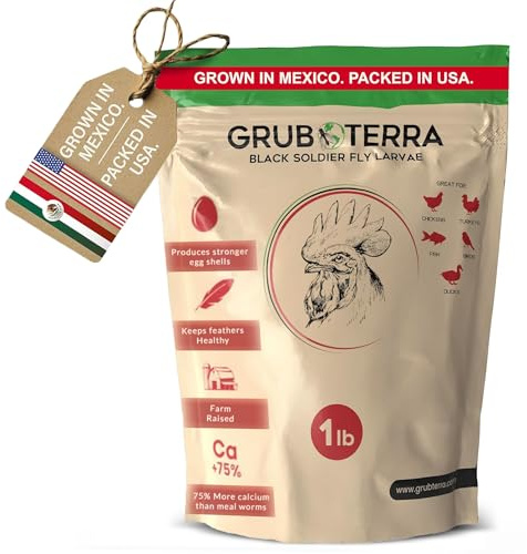 GrubTerra Black Soldier Fly Larvae for Chickens – Dried BSFL Poultry Treat, High Protein Calcium Feed Supplement for Laying Hens, Backyard Chickens, Sourced from Mexico, Not from China - 1LB