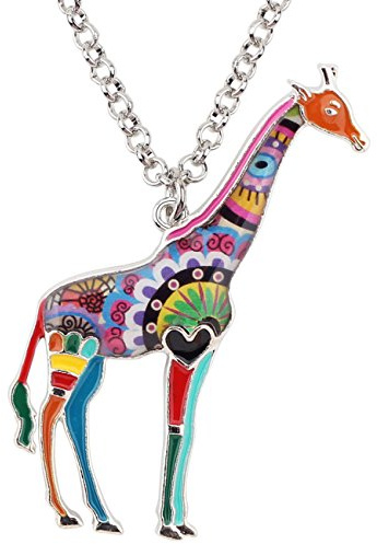 BONSNY Collana con ciondolo a forma di giraffa a forma di cuore smaltato, per donna, con ciondolo floreale, 4 cm di altezza e 5,5 cm di larghezza, marrone, smalto