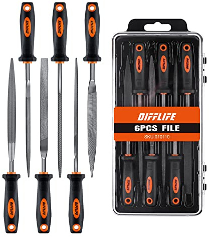 DIFFLIFE 7'' Needle File Set - Carbon Steel 6-Piece With Handles, Hardened Alloy Strength Steel - Includes Flat, Flat Warding, Square, Triangular, Round, and Half-Round Files
