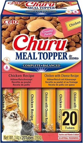 INABA Churu - Meal Topper para Gatos - 2 Sabores de Pollo y Pollo con Queso - Alimento Completo y Equilibrado - Ideal para Mezclar con Croquetas - Saludable y Rico en Nutrientes - 280 g (20 x 14 g)