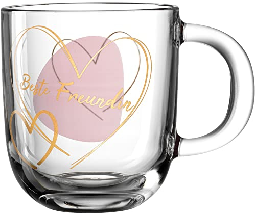 Leonardo Emozione Geschenk Tasse Beste Freundin 1 Stück, spülmaschinengeeignete Glas-Tasse, rosa Herz Motiv, Tee-Glas mikrowellenfest, 400 ml, 033230