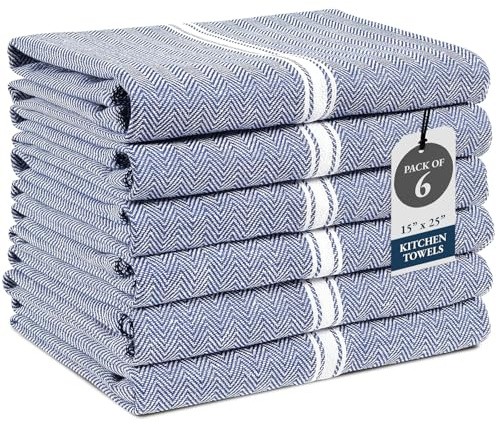 Lane Linen Kitchen Towel Set, 6 Pack 100% Cotton Hand Towels for Kitchen, Dish Towels for Drying Dishes, Lint Free, 14x25, Good for Cleaning Windows, Ceramic Surface, Glass Stovetops - Blue Chambray