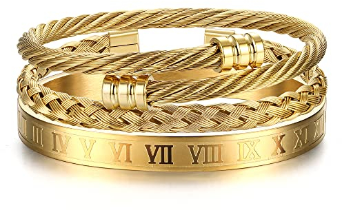 JeweBella 3 Stück Armreif Herren Edelstahl Luxus Römische Ziffer Armreif Verstellbar Offen Manschette Armreif Armband Set Silber/Gold/Schwarz