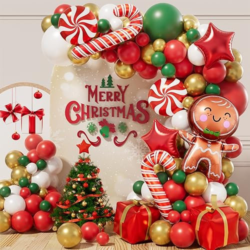 Christmas Garland Arch Kit with 126pcs Balloons - Red, Green, White, Gold; Includes Gingerbread Man, Red Star and Candy Cane Balloons for Party Decorations