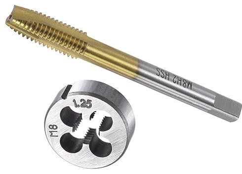 CoCud Juego Métrico Machos y Terrajas M8 X 1.25 Rosca Recubierto Titanio Macho Roscar en Espiral Punto y Terraja Redonda Kit Herramientas Roscado para Reparación Roscas 1Ud