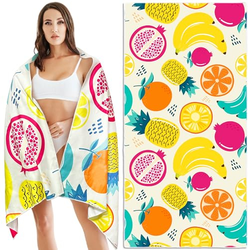 Lubibi Stylish Microfibre Beach Towel - Oversized Extra Large 80x160cm, Quick-Dry, Sand-Free, Absorbent & Lightweight with Tropical Fruit Design - Perfect for Beach, Pool, Travel