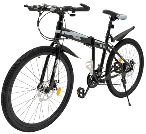 Salmeee 26 Zoll Klappbar Mountainbike Jugend Klappbares Bike Carbonstahl Scheibenbremse 21-Gang-Schaltung Fahrrad Fully MTB Bicycle doppelten Stoßdämpfung Rahmen Schwarz+Weiß