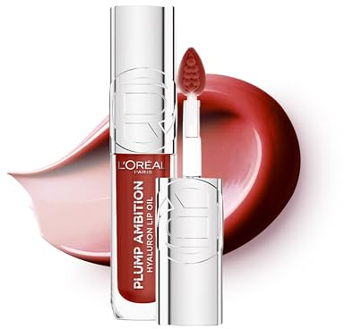 L'Oreal Paris Lip Gloss, Plump Ambition Lip Oil with Hyaluronic Acid & Tripeptides, Smoother & Plumper Lip Appearance, Glass-Like Finish, Shade 485 Wine O'Clock, 5ml