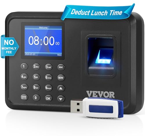 VEVOR Stempeluhr Arbeitszeiterfassungsgerät für Mitarbeiter mit Fingerabdruck & PIN-Eingabe, eigenständige biometrische Stempeluhr Check in Time Clock Schwarz Wandmontage Unterstützung von 12 Sprachen