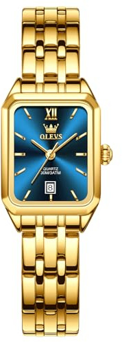 OLEVS Gold Armbanduhr Damen Edelstahl Elegante Kleid Klein Damenuhren Blau Zifferblatt Vintage Quarz Analog Uhr Damen Square Metall Modern Wasserdicht Frauen Uhr mit Datumsanzeige Geschenke