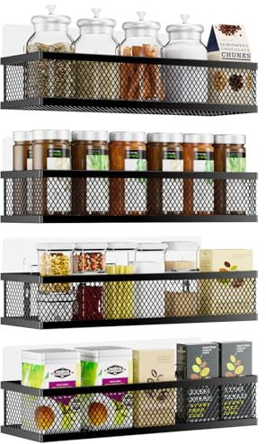 Spice Rack Wall Mount, 4 Pack Pantry Door Organizer & Hanging Storage Baskets Organizer Wall Mount, Large Capacity Metal Spice Shelf for Kitchen Cabinet, Pantry Doors, Bathroom, Shower, Home Decor
