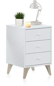 duehome | Mesita de Noche 3 cajones, Mesilla de Noche, Modelo Iconic, Acabado en Blanco Artik, Medidas: 40 cm (Largo) x 33,5 cm (Fondo) x 56 cm (Alto)