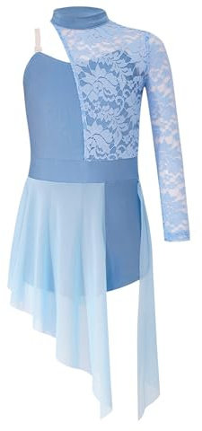 Moggemol Robe de Danse pour Petite Fille à Manches Longues en Dentelle Fleurie avec décolleté asymétrique - Tenue de Ballet, Patinage Artistique, Danse Latine et