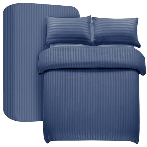 My Home Store, parure de lit king size rayée en satin, 4 pièces, en microfibre brossée douce, avec drap-housse à angles profonds de 30 cm et 2 taies d'oreiller, couleur: bleu marine