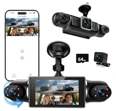 360° Dashcam 2k/1080p Delantera Y Trasera with 64gb Card,4 Canales Dash CAM Coche,Pantalla IPS De 3 Pulgadas, Ángulo Amplio De 140°, WDR, Sensor G,App,Grabación En Bucle, Soporta Modo Parking 24h