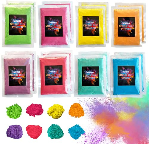 AWZNG Holi Colors Powder for color run,Pack of 16 Bags,2.8 Pounds in Bulk,80g of Each Color - Red, Yellow,Blue,Green, Purple,Orange,Rose red,Cyan for Festivals,Color War Parties