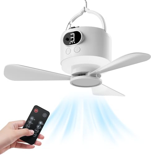 Sockywin Ventilador Camping con Luz LED, Ventilador Camping Recargable por USB de 10400 mAh para Tiendas de Campaña, 8-36 Horas de Autonomía, Mando a Distancia, 3 Niveles de Luminosidad, Temporizador