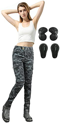 SHAIYOU Motorcykelbyxor för damer, skyddande kamouflagejeans ridning motocross stretch racingbyxor med 4 avtagbara rustningar (blå, M)