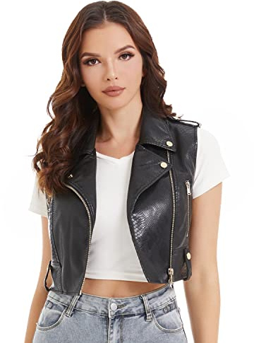 DIASHINY DASHINY Chaleco de piel de serpiente sintética negra para mujer, chaleco corto sin mangas con solapa para motocicleta, chaleco ajustado de PU 063 M