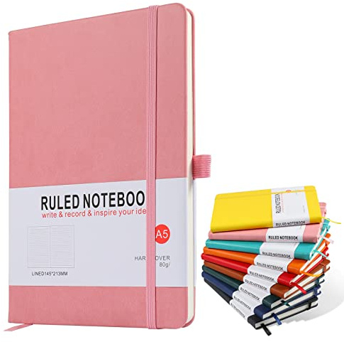 A5 Notebook, Journal Note Pad 200 Pages 80 GSM Journal Notebook Hardback Notepad Composition Notebooks with Lined Pages, Pen Loop and Expandable Paper Pocket, Journal Notepad Note Book- Pink